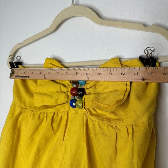 Yellow Linen Sleeveless Blouson Blouse Mini Dress Bead Bow Tie Front S - Picture 8 of 13